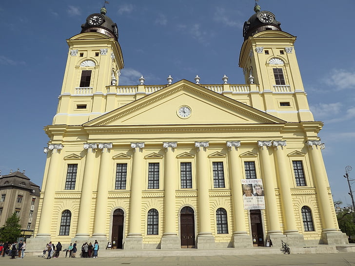 Debrecen hungary, Igreja, amarelo, a grande igreja de debrecen, excursão, cidade, passeios turísticos