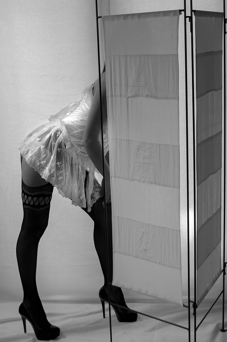 woman, sensual, legs, white, under garment, black and white, paravant