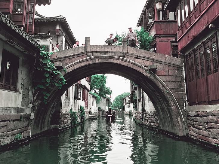 pont, eau, Chine, rivière, voyage, paysage, gens