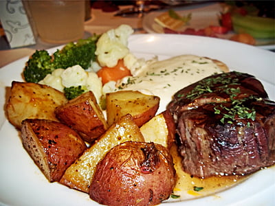 cooked, food, ceramic, plate, steak, potatoes, broccoli