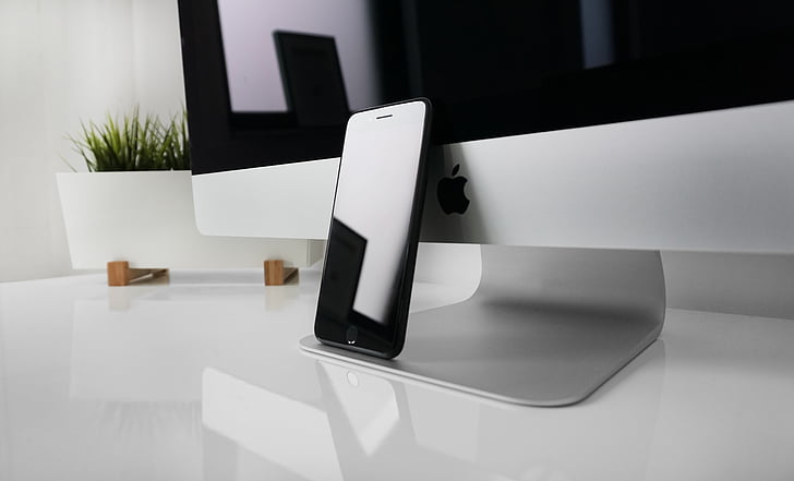 jet, black, iphone, leaning, silver, imac, table