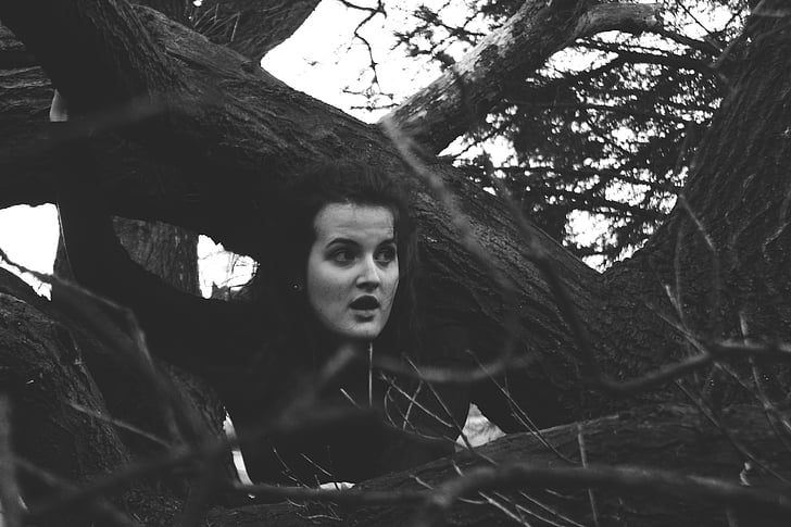 black-and-white, branches, girl, outdoors, tree, woman, women
