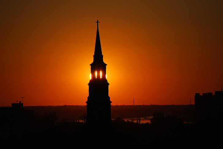 l'església, Steeple, agulla, Charleston, Carolina del Sud, posta de sol, taronja
