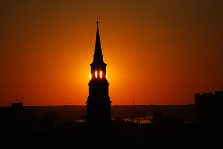 church, steeple, spire, charleston, south carolina, sunset, orange