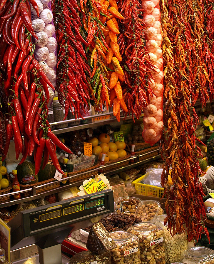 visi chili poper vrvi, strune, kup, rdeča, trgovina, začinjene, sveže