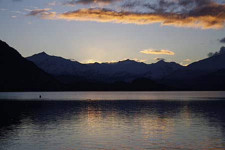 залез, езеро, Нова Зеландия, вода, небе, природата, пейзаж