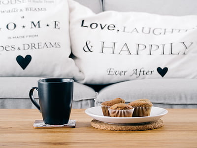 cake, coffee, couch, cup, food, muffins, mug
