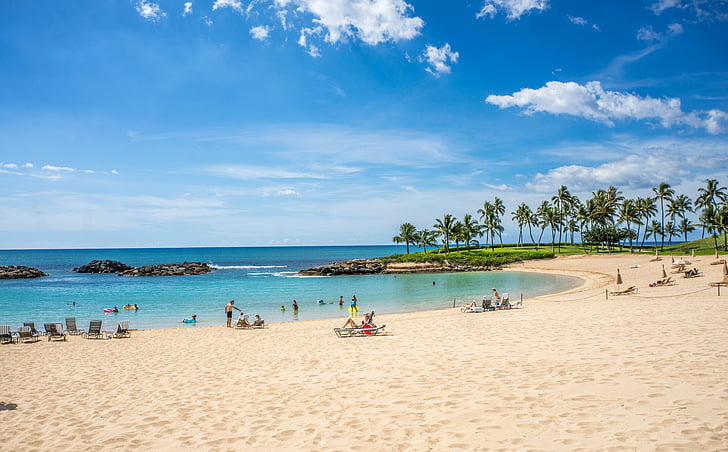 Lagoon, Ko olina, Hawaii, Oahu, óceán, felhők, tengerpart