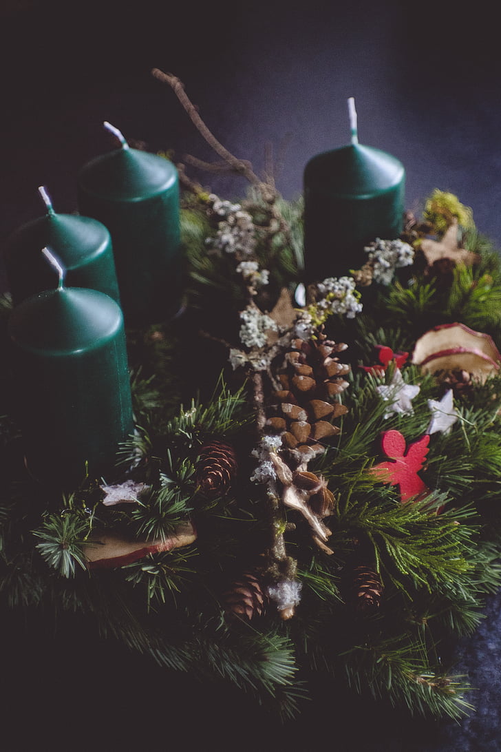 kaarsen, Kerst, conifer, decoratie, kaars, winter