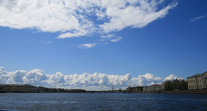 river, neva, water, wide, sky, blue, clouds