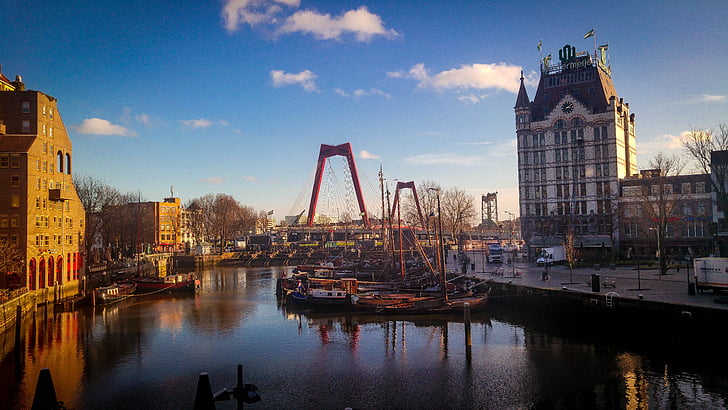 鹿特丹, 荷兰, 桥梁, 河, 水, 天空, 建筑