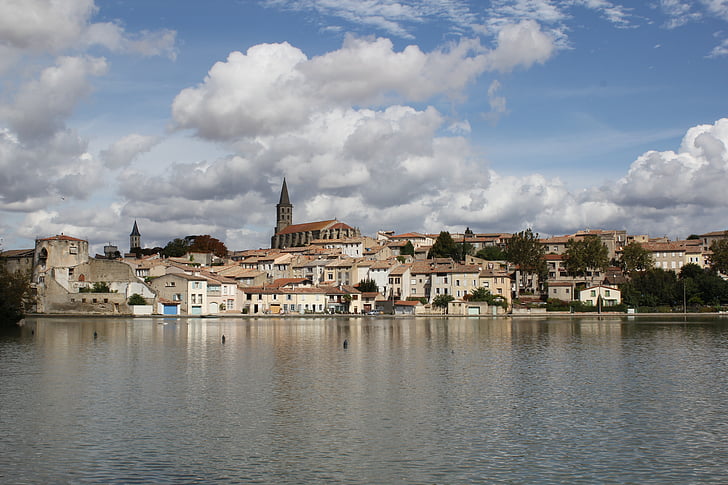 Castelnaudary, Prancis, kanal di antara dua laut, balada Sepeda, Eropa, pemandangan kota, Sungai