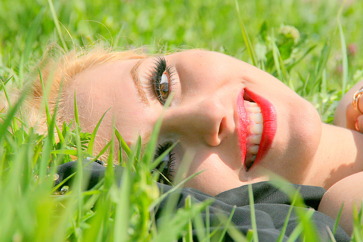 girl, portrait, blond hair, smile, grass, nice