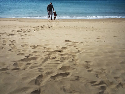 otec, a syn, pláž, životní styl, vztah, společně, chůze