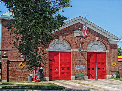 washington, american flag, firehouse, fire station, doors, entrance, brick building