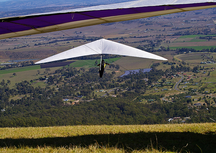 Hang-gliders, planadors, volant, cim de muntanya, alta, paisatge, rural