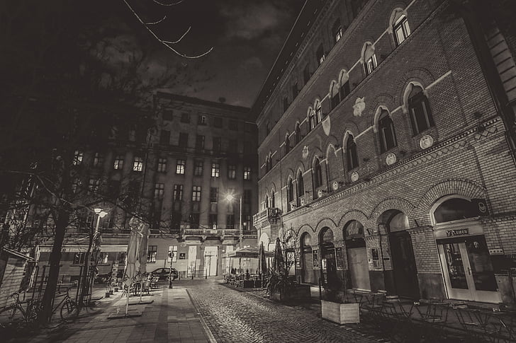 Budapest, på natten, byen, főrváros, lys, svart-hvitt, bygninger
