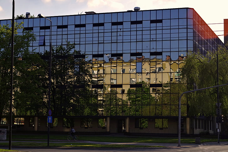 vidre, casa, miralls, reflexió, mirall, edifici d'oficines, Varsòvia