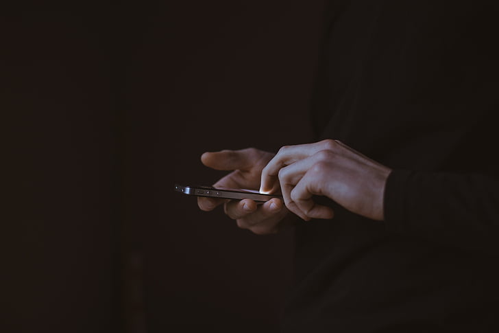 person, using, smartphone, dark, room, hand, hands