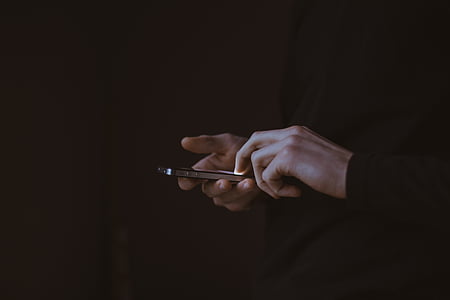 person, using, smartphone, dark, room, hand, hands