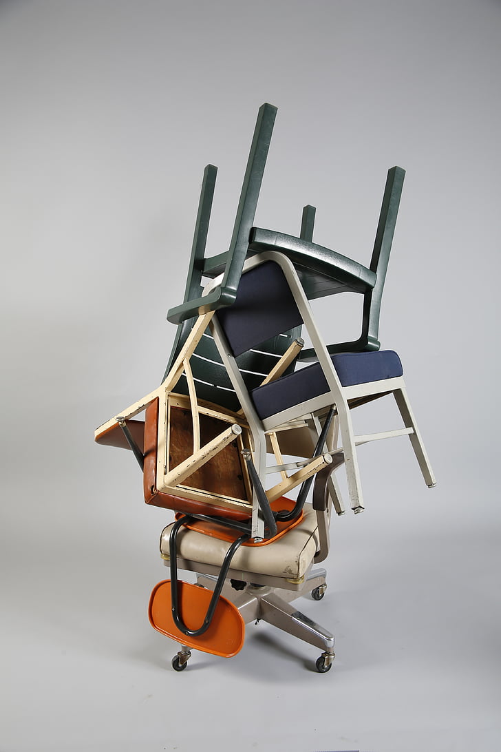 chairs, blue, orange, studio, stacked