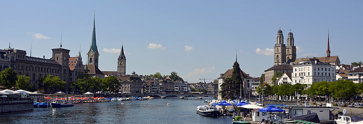 Zurich, Limmat, rieka, vody, Grossmünster, St Petra church, kostole Fraumünster
