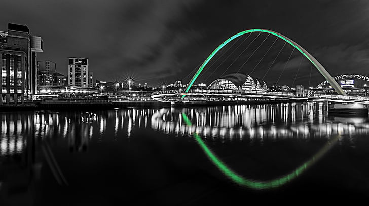 Newcastle, upon tyne, notte, riflessioni, Ponte, nord est dell'Inghilterra