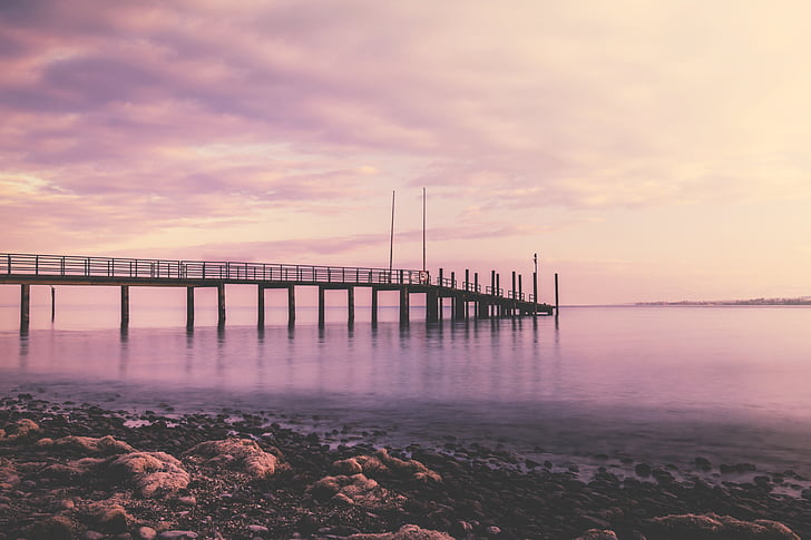 black, wooden, dock, white, sky, purple, sunset