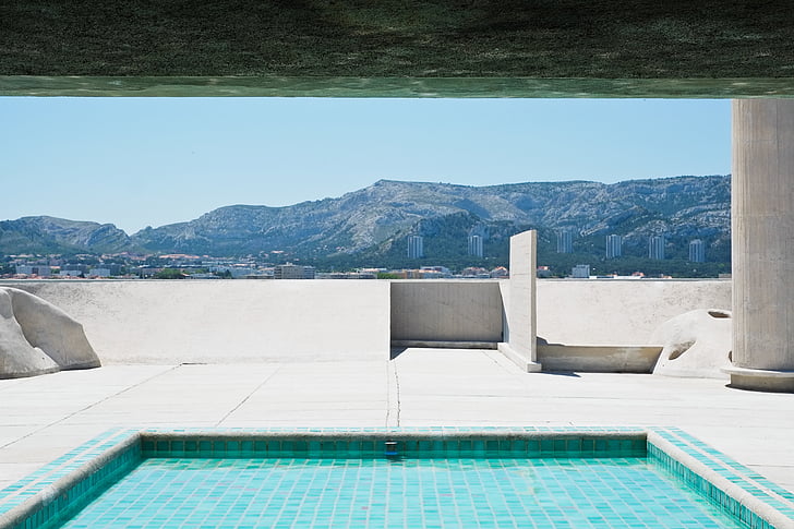 plavecký bazén, Architektura, Corbusier, bazén, budova, návrh, objekty k bydlení