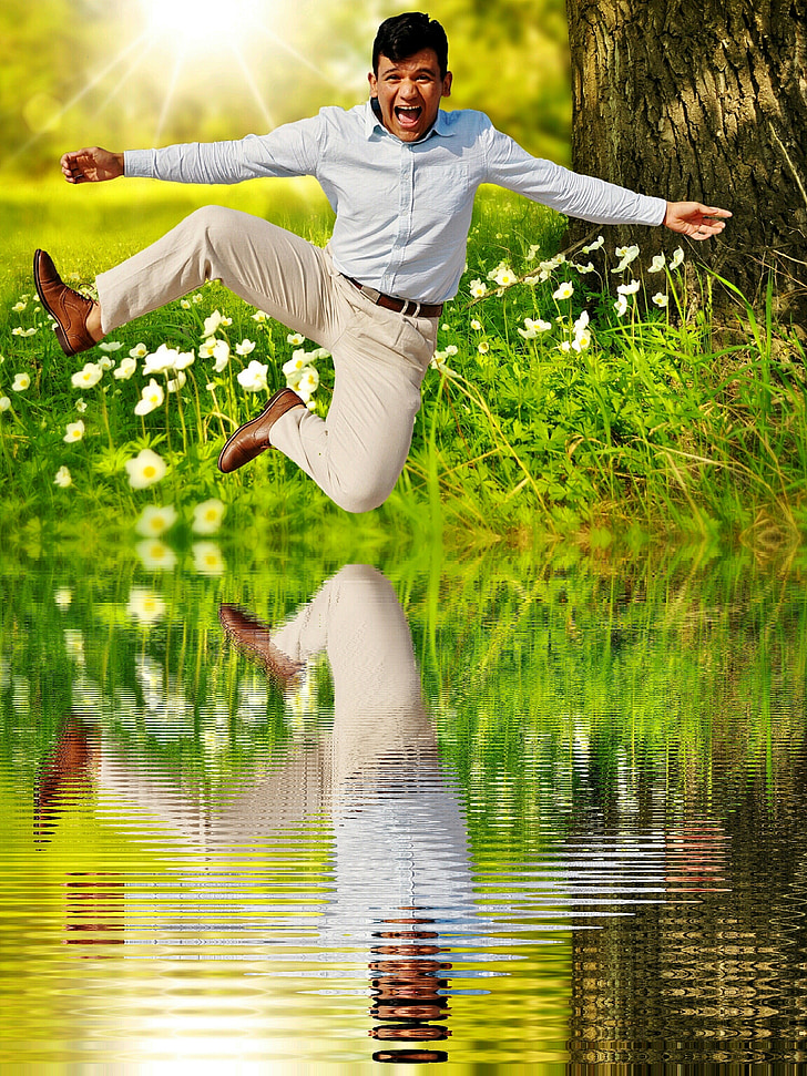 man, happy, air jump, mirroring, water happy, laugh, cheerful