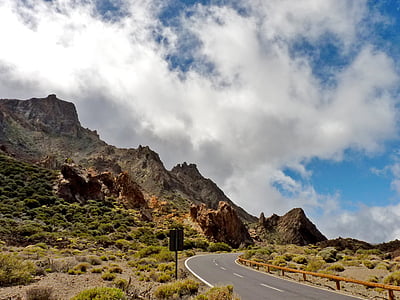 road, mountains, landscape, caldera
