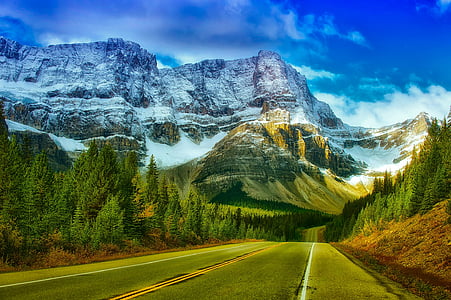 banff, canada, national park, mountains, sky, clouds, road