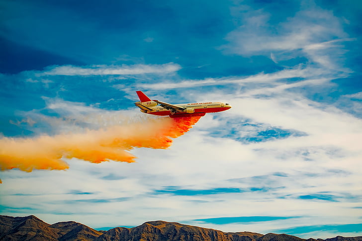 máy bay, máy bay, máy bay phản lực, chữa cháy, phun, hóa chất, dãy núi
