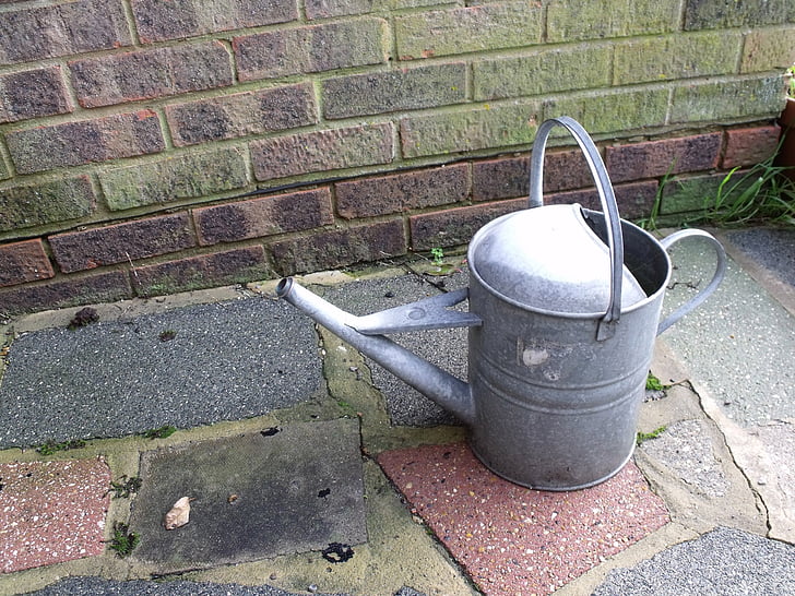 watering, can, pot, metal, brick, wall, outdoors