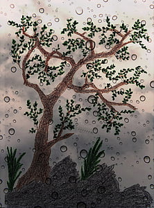 tree, painted, drawn, digital, rain, nature