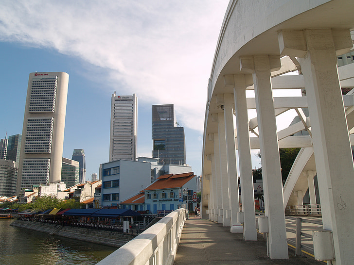 singapore, sky, clouds, skyscraper, buildings, architecture, bridge