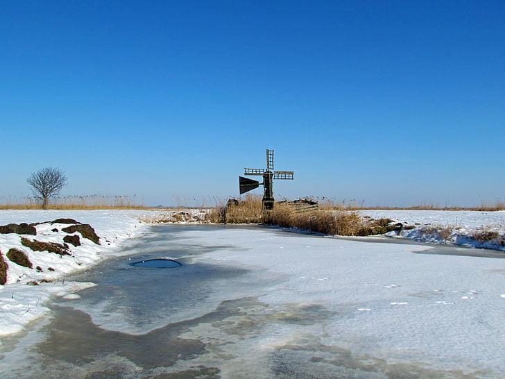 Winter, Eis, Eisloch, Mühle, Windmühle, Landschaft, Winterzeit