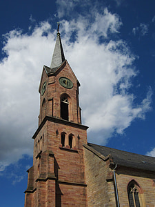 friedenskirche, kirkel, church, building, tower, front, steeple
