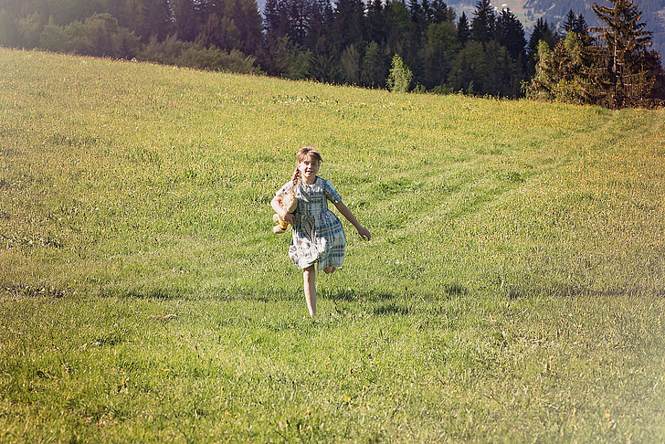child, girl, meadow, run, teddy bear, nature, joy
