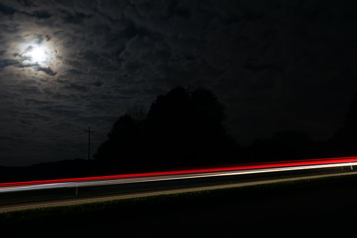 Road, lång exponering, lampor, röd, trafik, natt, Spotlight