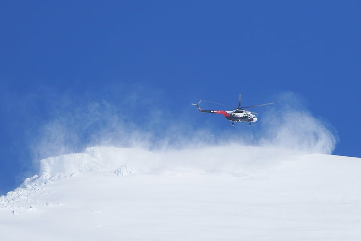 helicopter, landing, mountains, vortex, winter, snow, slopes