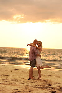 valentine, sunset, beach, couples, love, hugs, the waves