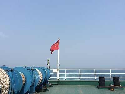 red flag, ship, travel, running away, sky, sea, blue sky