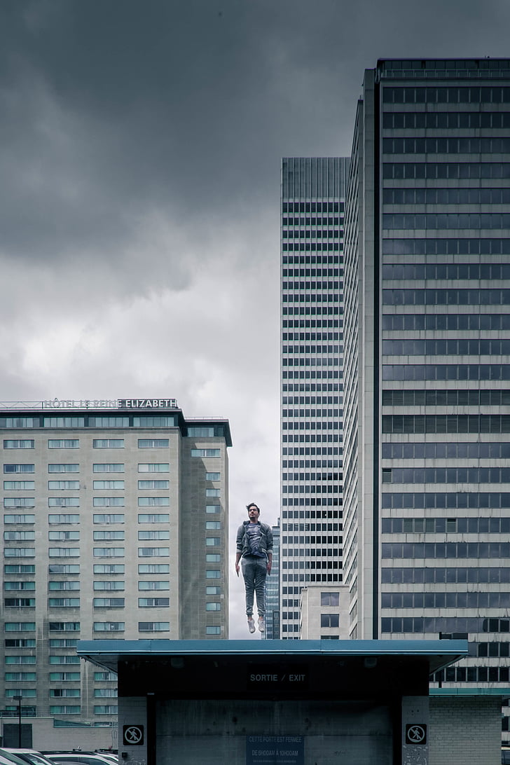 buildings, jumping, person, skyscrapers
