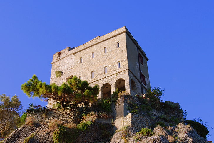 Castle, Cliff, Rock, Sky, Monterosso, Ligurien, buske