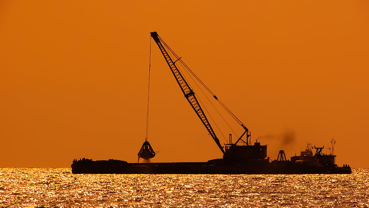 dredger, floating platform, sunset, shadows, dredging, barge, platform