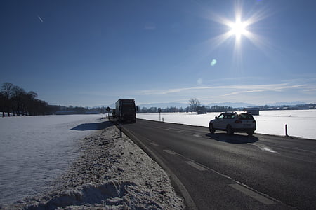 winter, snow, autos, traffic, road, mountains, blue