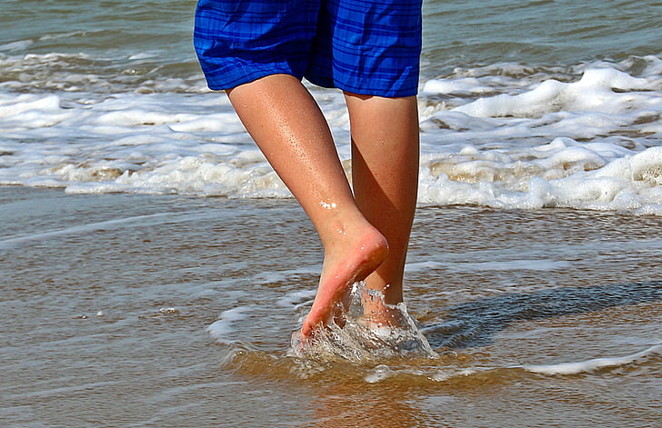 kājām, kājas, smilts, ūdens, vilnis, iet, aerosols