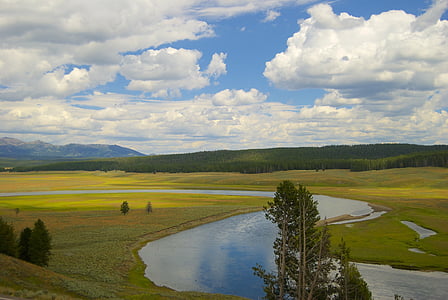 řeka, krajina, údolí, Yellowstone, voda, parku, prostředí