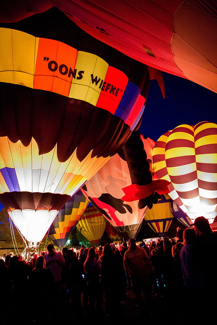 ballong, varmluftsballong, natt, publikum, reise, fargerike, fly